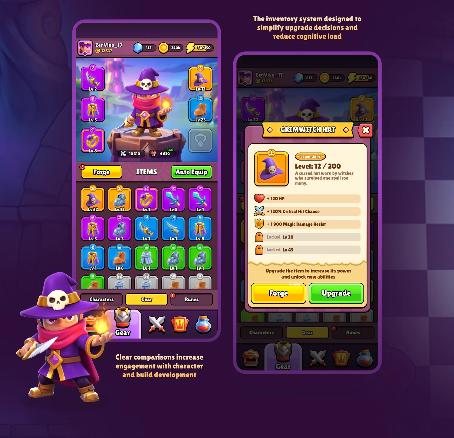 the Spellrift mobile game inventory ui/ux