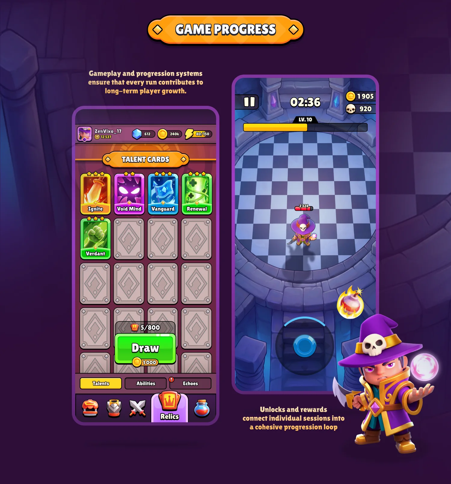 the Spellrift mobile game progress ui/ux