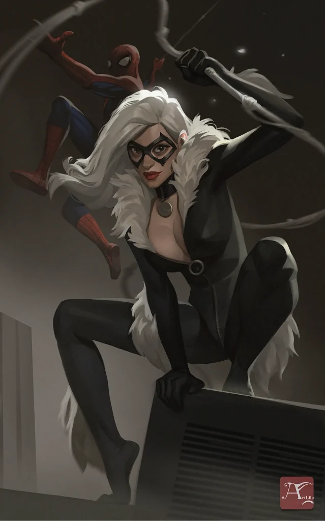 black cat and spiderman 2d art